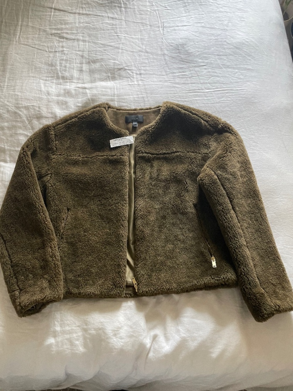 J. Crew olive green faux fur Teddy Bear cropped jacket NWT